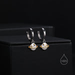 Planet and Gold Star Huggie Hoop Earrings in Sterling Silver, Saturn Dangle Hoop Earrings