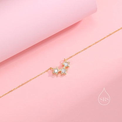 Clear CZ Triple Star Pendant Necklace in Sterling Silver, Silver or Gold, Three Star Crystal Necklace, Minimal Star Pendant