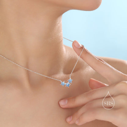 Aquamarine Blue CZ Triple Star Pendant Necklace in Sterling Silver, Silver or Gold, Three Star Crystal Necklace, Minimal Star Pendant