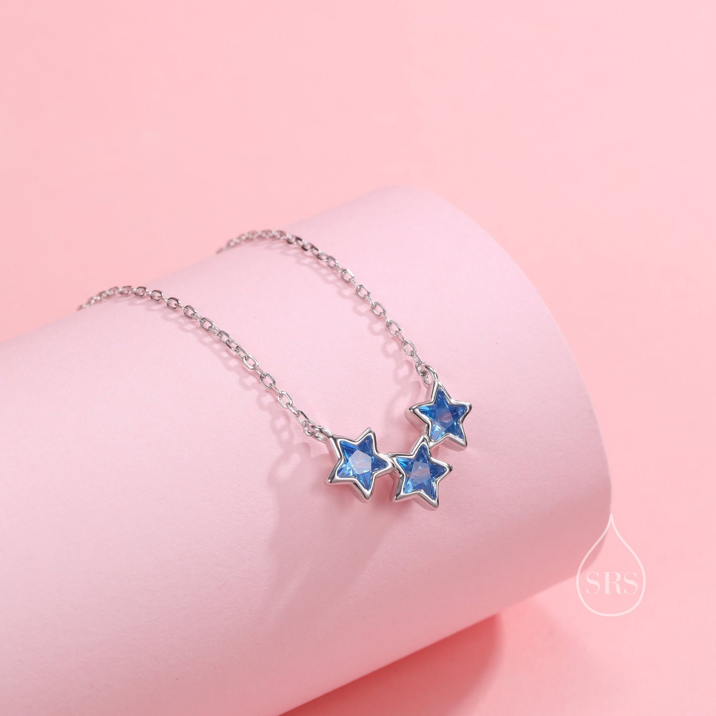 Aquamarine Blue CZ Triple Star Pendant Necklace in Sterling Silver, Silver or Gold, Three Star Crystal Necklace, Minimal Star Pendant