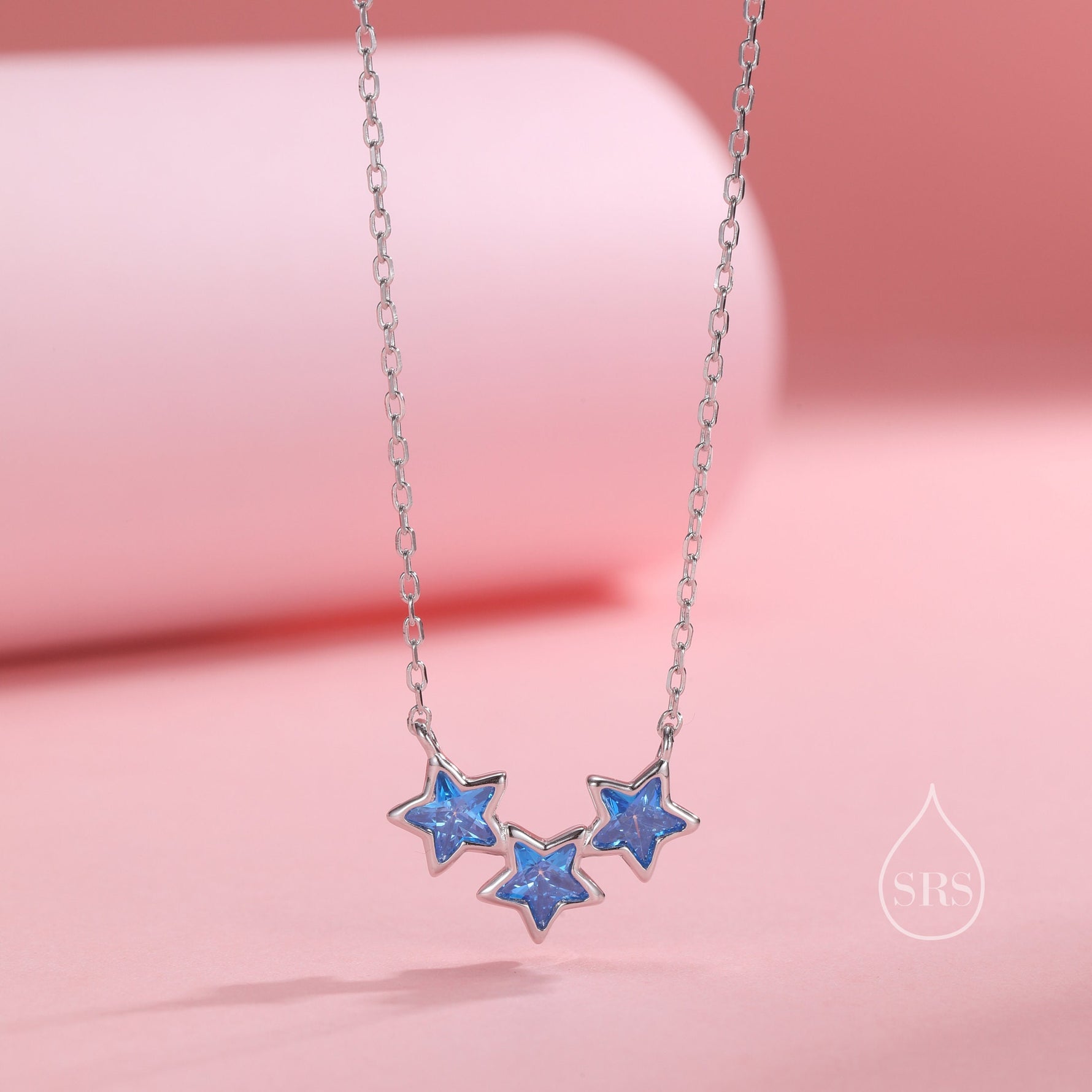 Aquamarine Blue CZ Triple Star Pendant Necklace in Sterling Silver, Silver or Gold, Three Star Crystal Necklace, Minimal Star Pendant