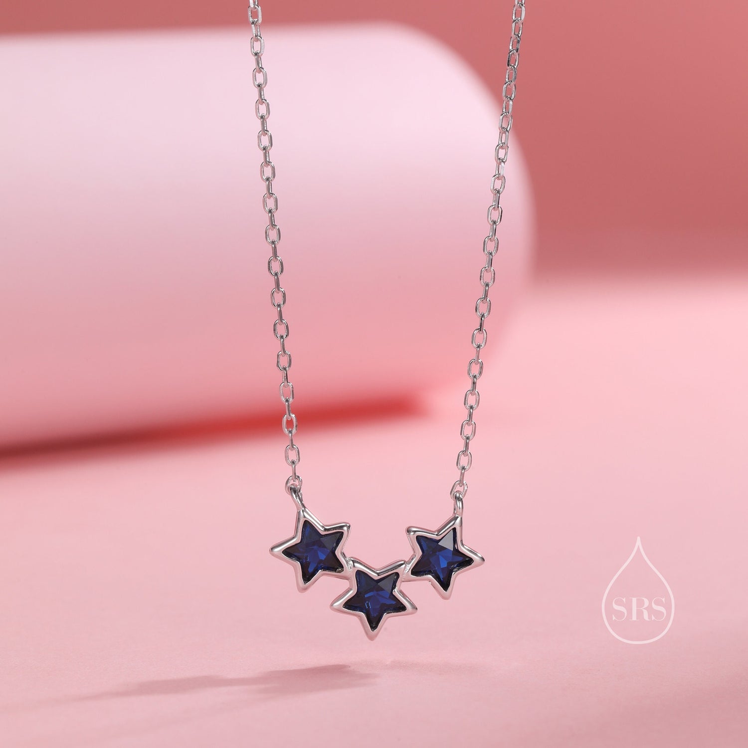 Sapphire Blue CZ Triple Star Pendant Necklace in Sterling Silver, Silver or Gold, Three Star Crystal Necklace, Minimal Star Pendant