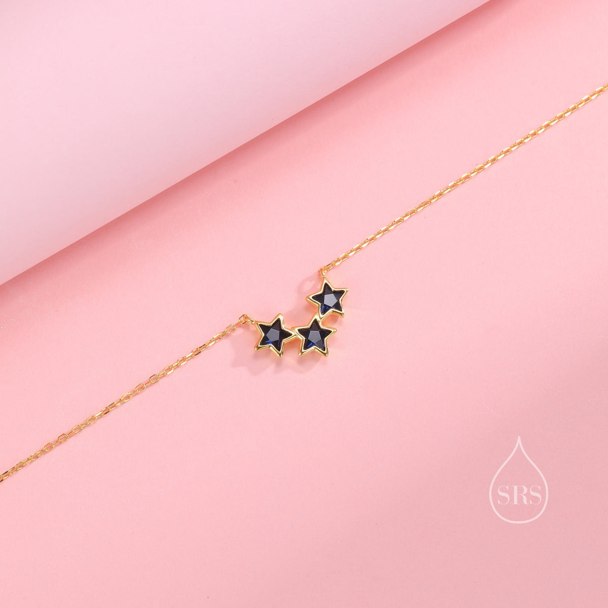 Sapphire Blue CZ Triple Star Pendant Necklace in Sterling Silver, Silver or Gold, Three Star Crystal Necklace, Minimal Star Pendant