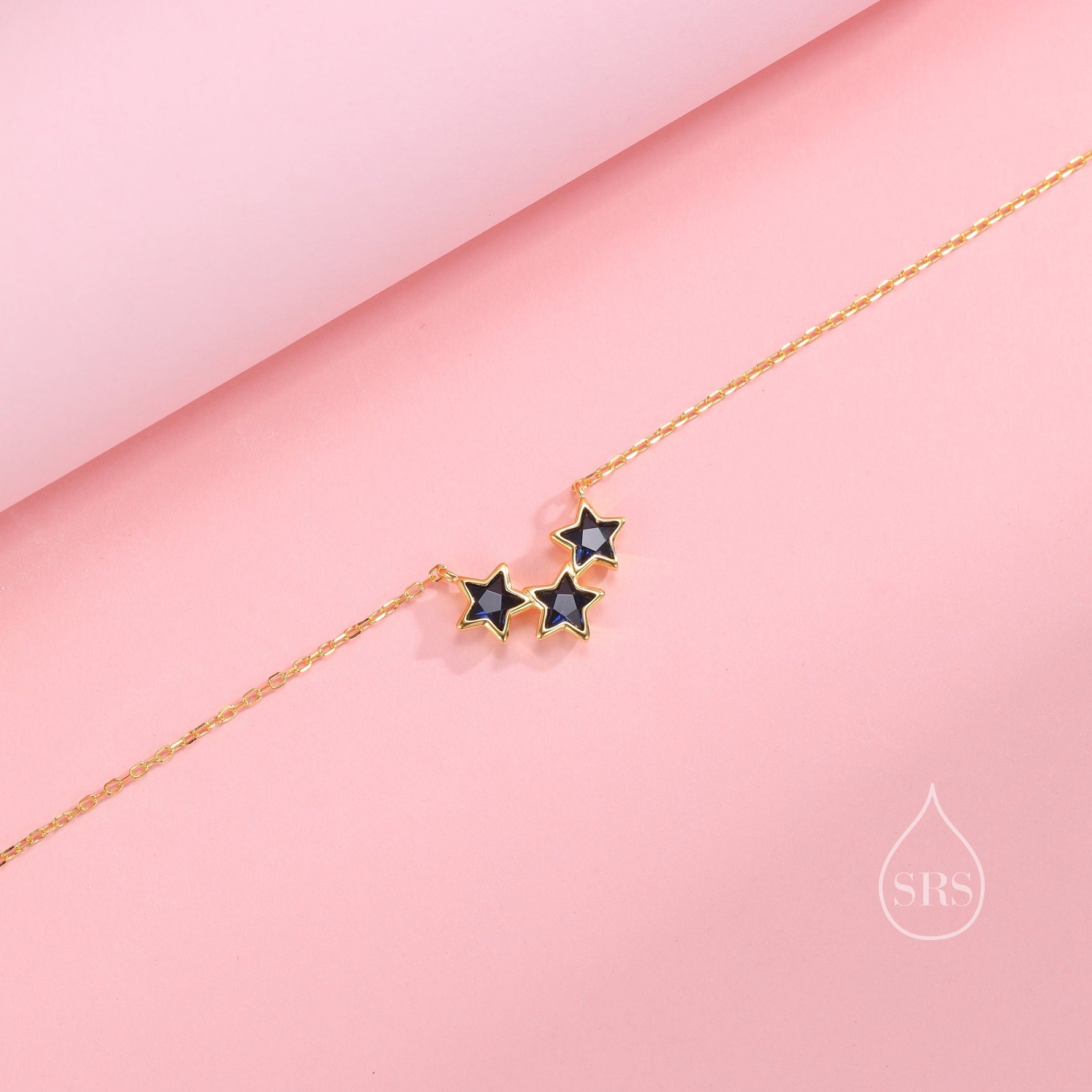 Sapphire Blue CZ Triple Star Pendant Necklace in Sterling Silver, Silver or Gold, Three Star Crystal Necklace, Minimal Star Pendant