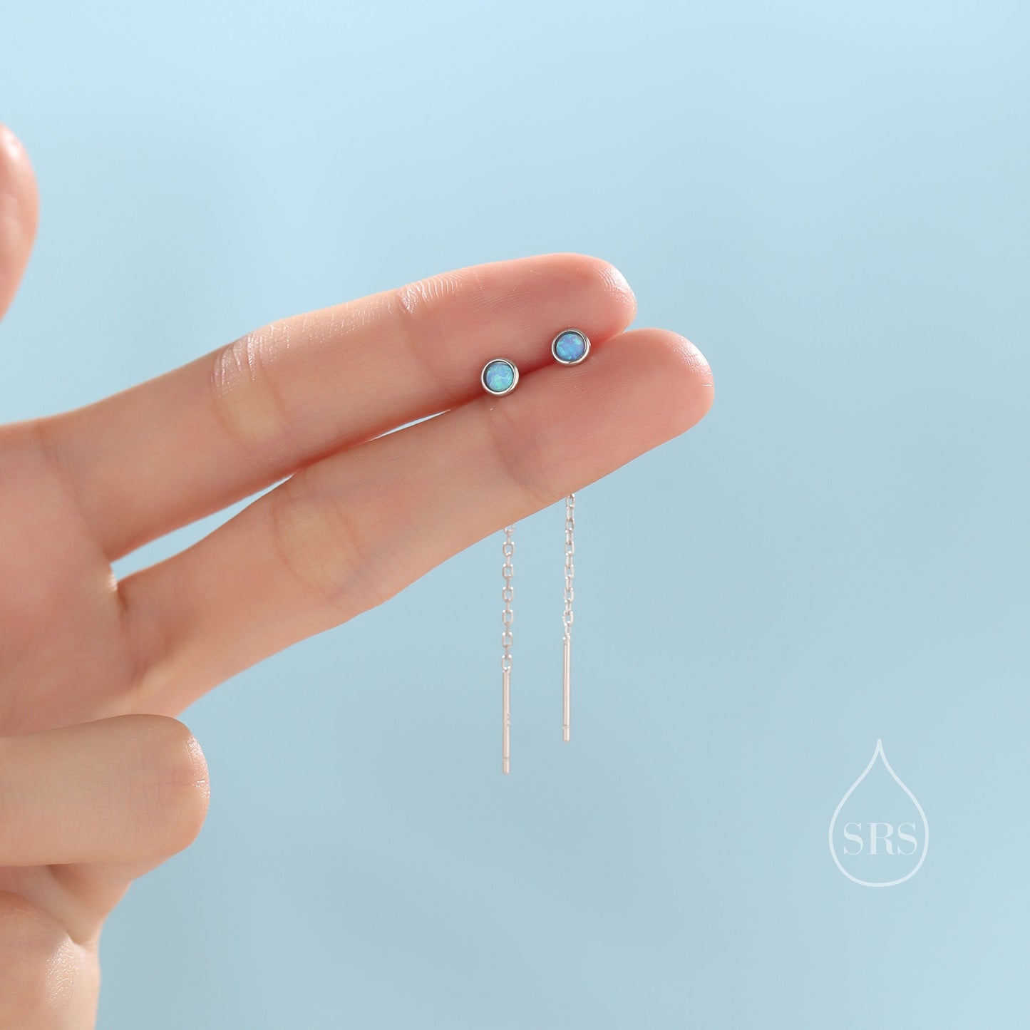 4mm Blue Opal Dot Threader Earrings in Sterling Silver, Lab Opal Ear Threaders, Silver or Gold, Opal Threaders, Chain Earrings