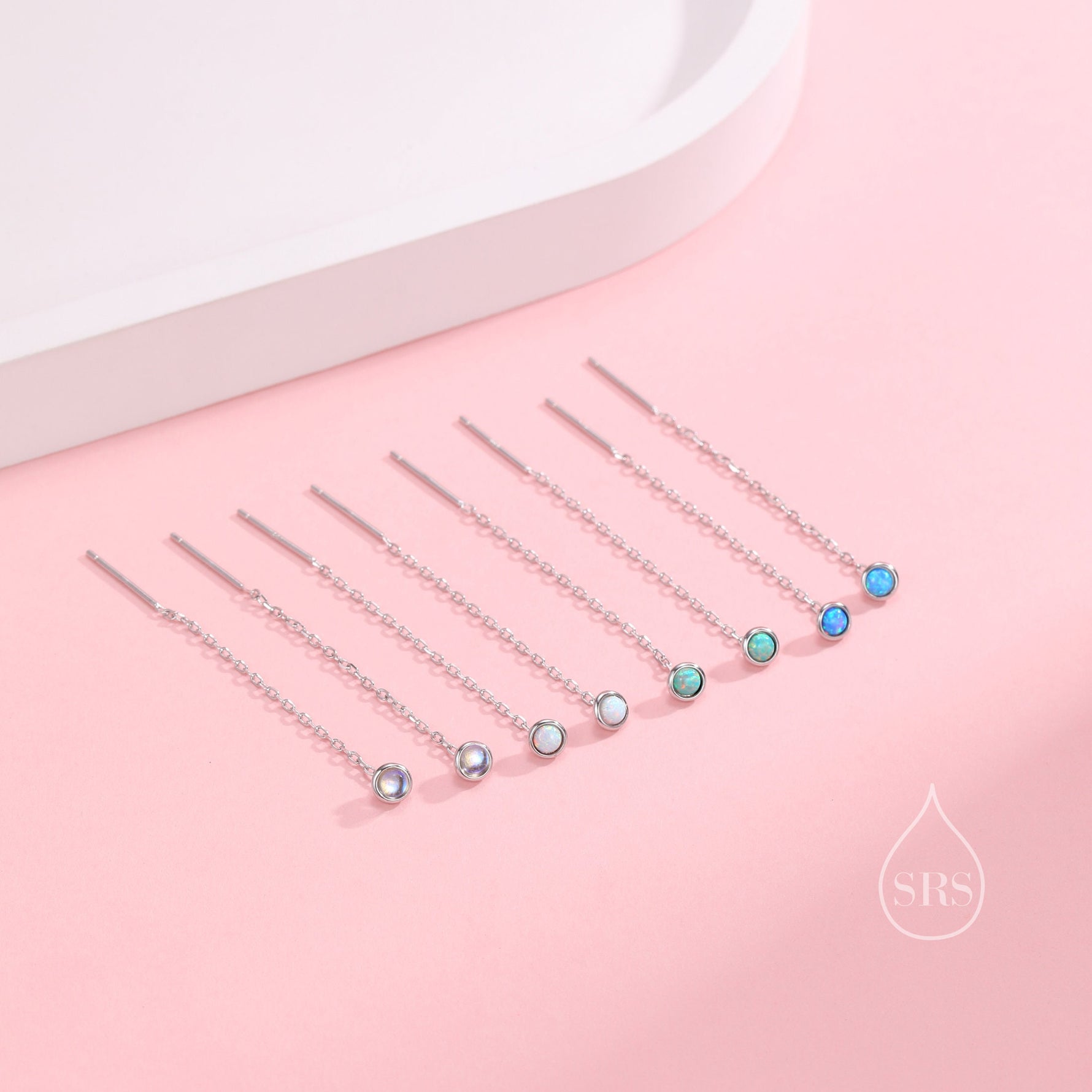 4mm Blue Opal Dot Threader Earrings in Sterling Silver, Lab Opal Ear Threaders, Silver or Gold, Opal Threaders, Chain Earrings