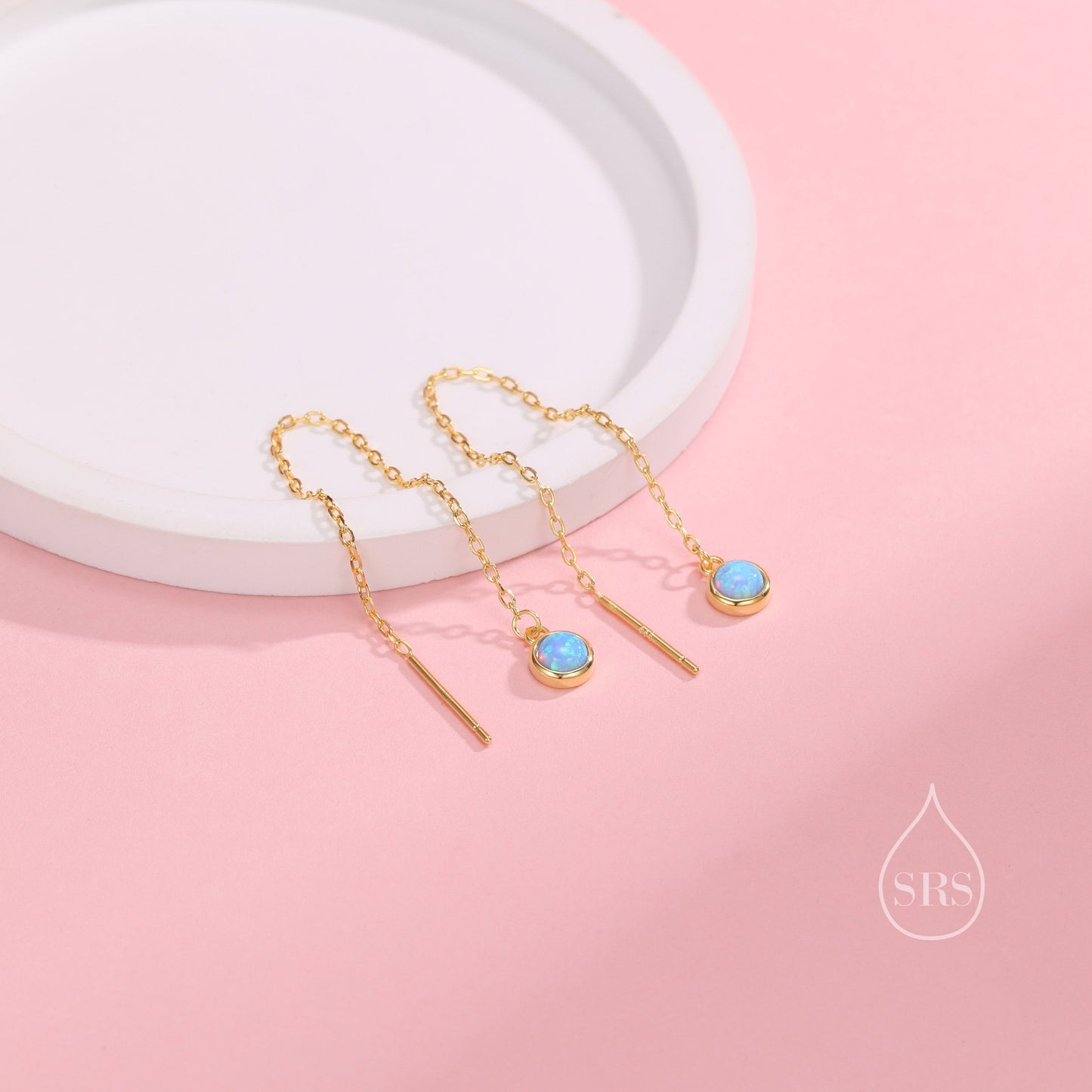 Sterling Silver Tiny Blue Opal Coin Ear Threader Earrings, Silver or Gold, Lab Opal Drop Earrings, Geometric Minimalist Threader Earrings