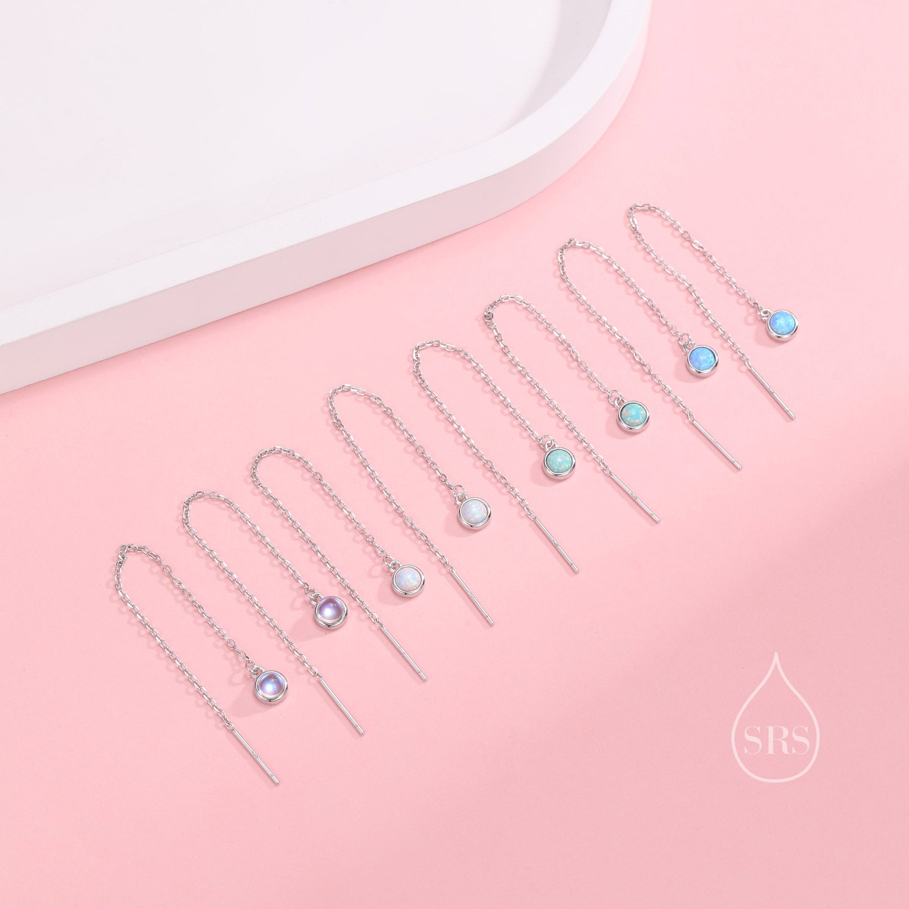Sterling Silver Tiny Blue Opal Coin Ear Threader Earrings, Silver or Gold, Lab Opal Drop Earrings, Geometric Minimalist Threader Earrings