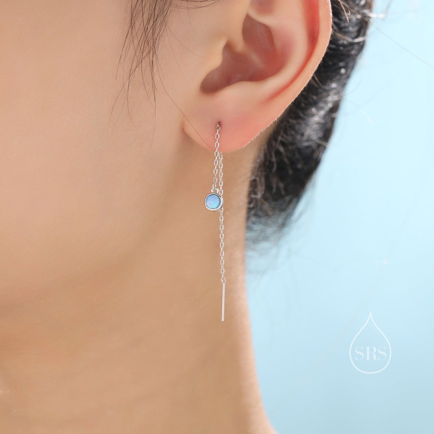 Sterling Silver Tiny Blue Opal Coin Ear Threader Earrings, Silver or Gold, Lab Opal Drop Earrings, Geometric Minimalist Threader Earrings