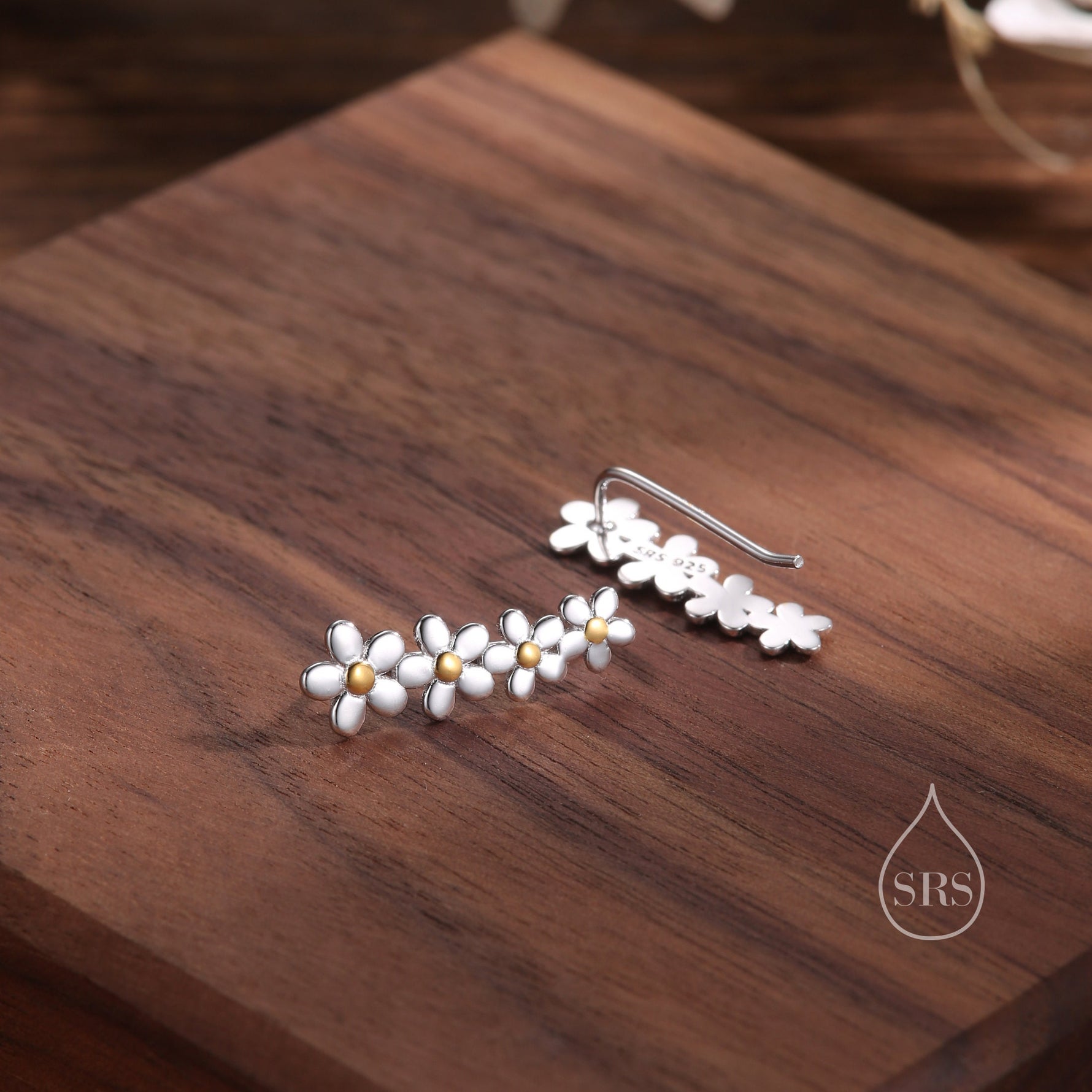 Forget-me-not Flower Crawler Earrings in Sterling Silver, Two Tone Finish, Daisy Chain, Flower Earrings, Ear Climbers