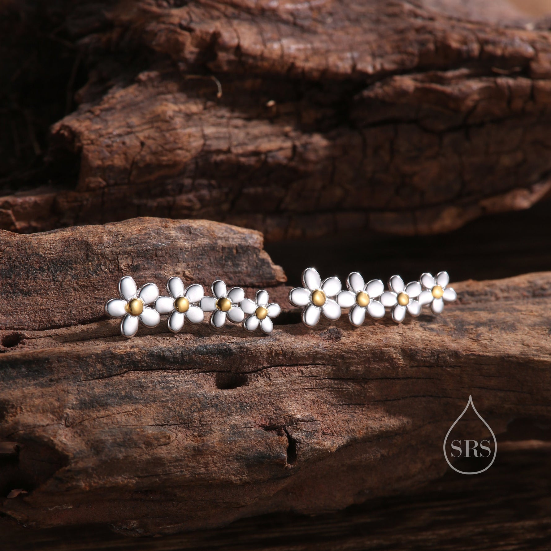 Forget-me-not Flower Crawler Earrings in Sterling Silver, Two Tone Finish, Daisy Chain, Flower Earrings, Ear Climbers