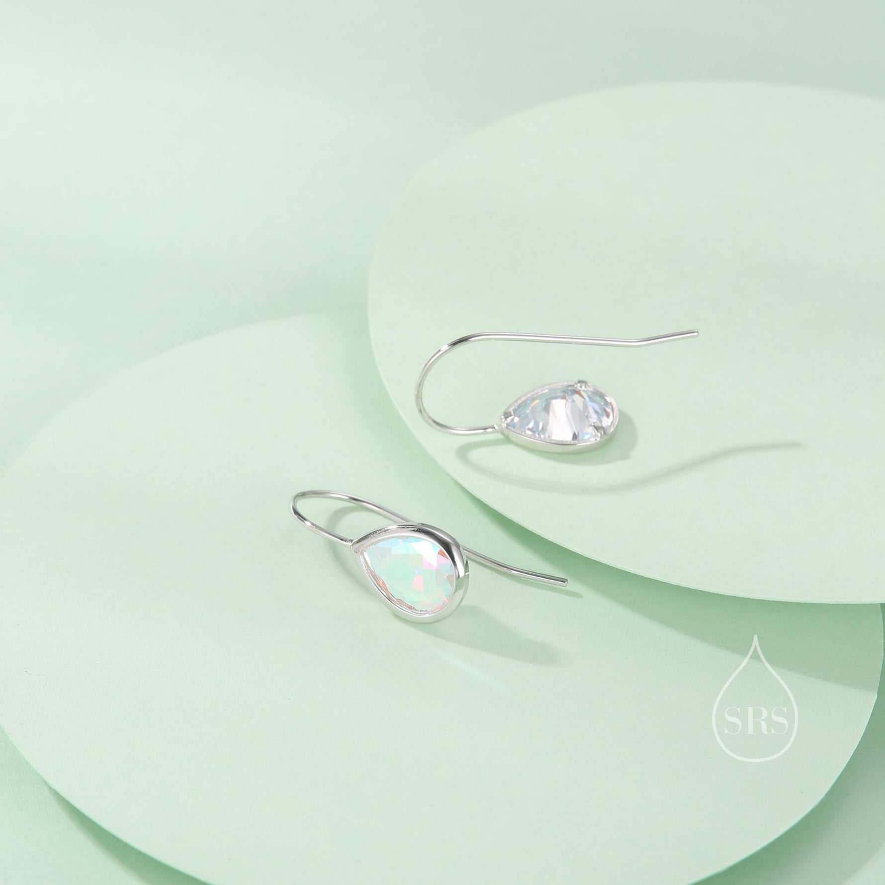 Sterling Silver Aurora CZ Droplet Drop Earrings in Sterling Silver, Silver or Gold, Chunky AB CZ Pear Shape Hook Earrings