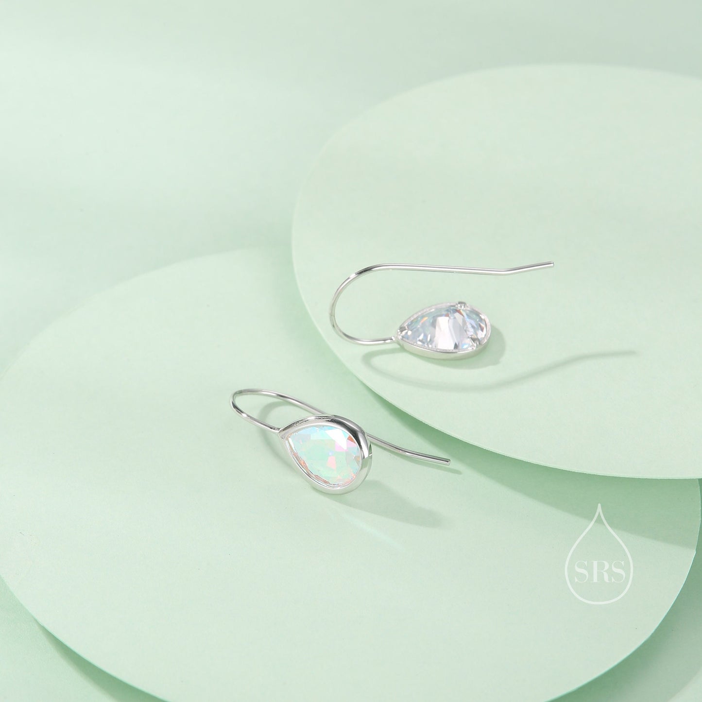 Sterling Silver Aurora CZ Droplet Drop Earrings in Sterling Silver, Silver or Gold, Chunky AB CZ Pear Shape Hook Earrings