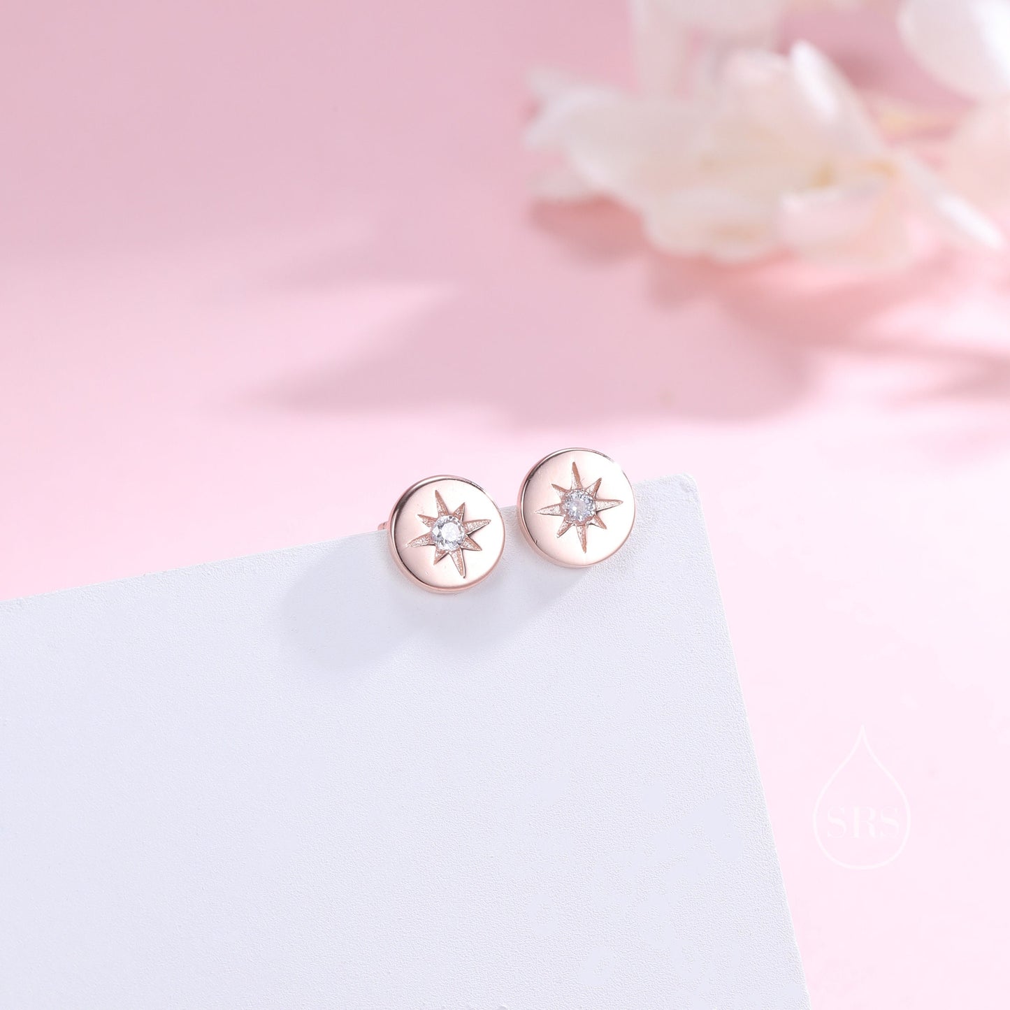 Starburst Disk Stud Earrings in Sterling Silver, Silver or Gold or Rose Gold, Star Earrings, Sunburst Earrings, Celestial Jewellery