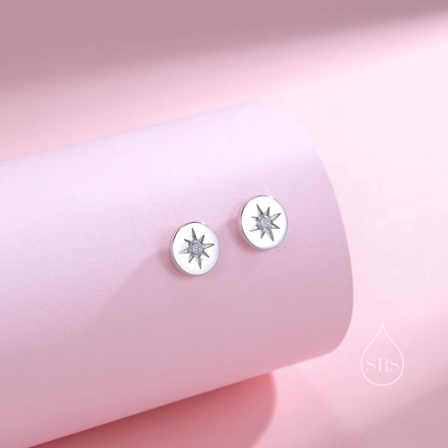 Starburst Disk Stud Earrings in Sterling Silver, Silver or Gold or Rose Gold, Star Earrings, Sunburst Earrings, Celestial Jewellery