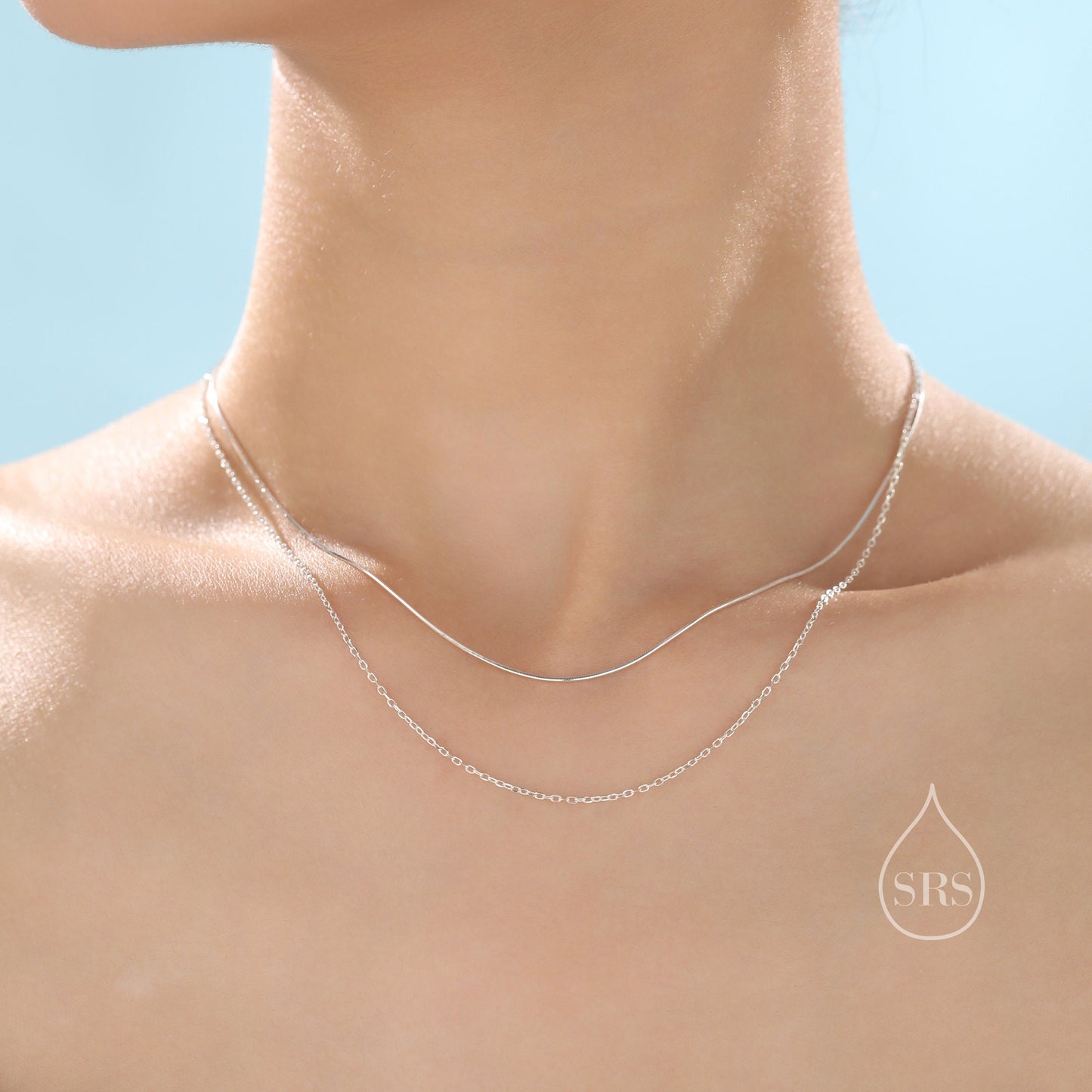 Double Layer Necklace in Sterling Silver with Dainty Chain and Snake Chain,  Silver or Gold or Rose Gold, Chain Necklace