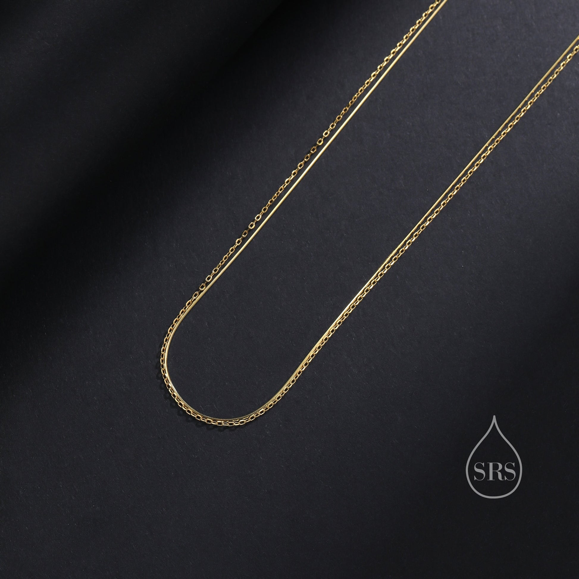 Double Layer Necklace in Sterling Silver with Dainty Chain and Snake Chain, Silver or Gold or Rose Gold, Chain Necklace