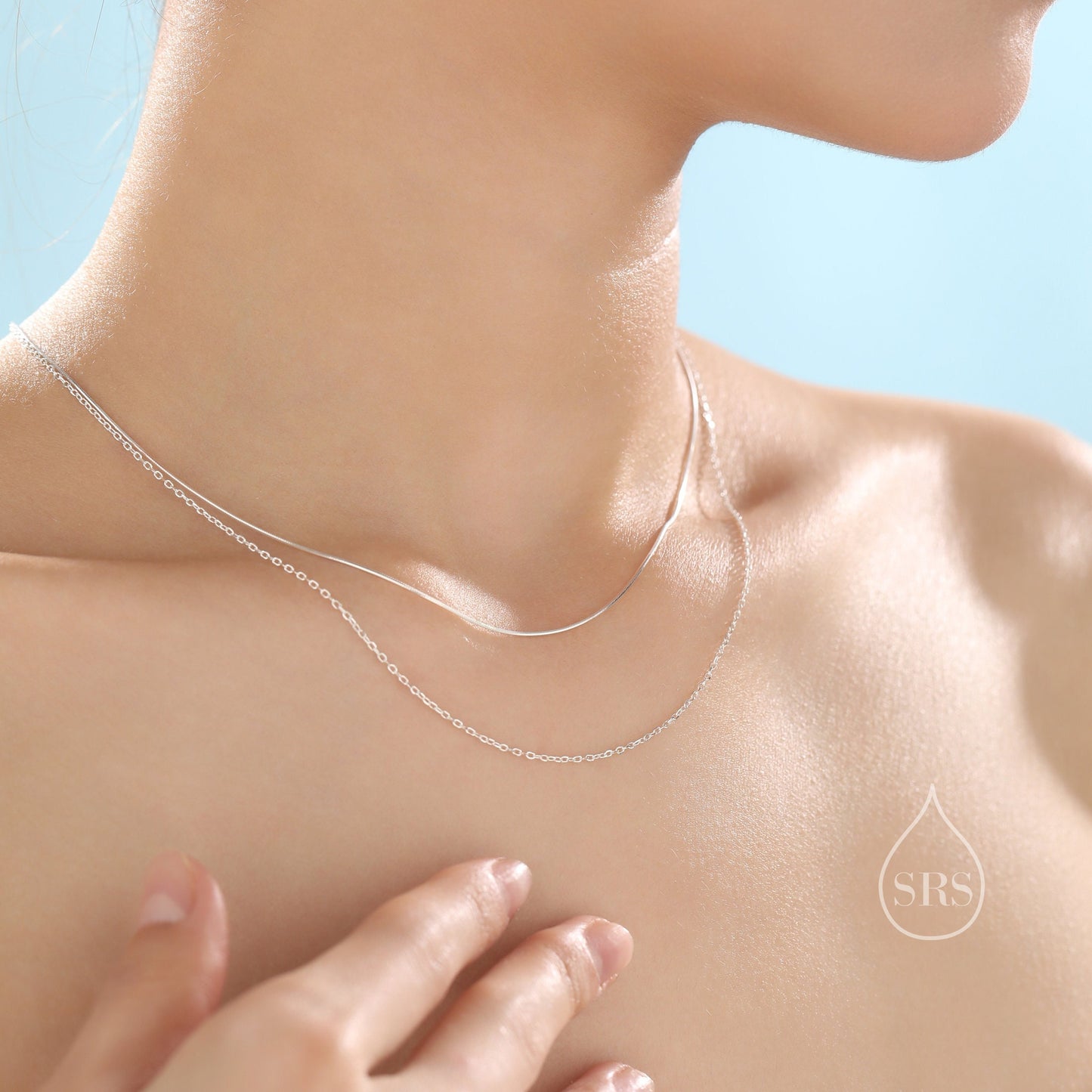 Double Layer Necklace in Sterling Silver with Dainty Chain and Snake Chain,  Silver or Gold or Rose Gold, Chain Necklace