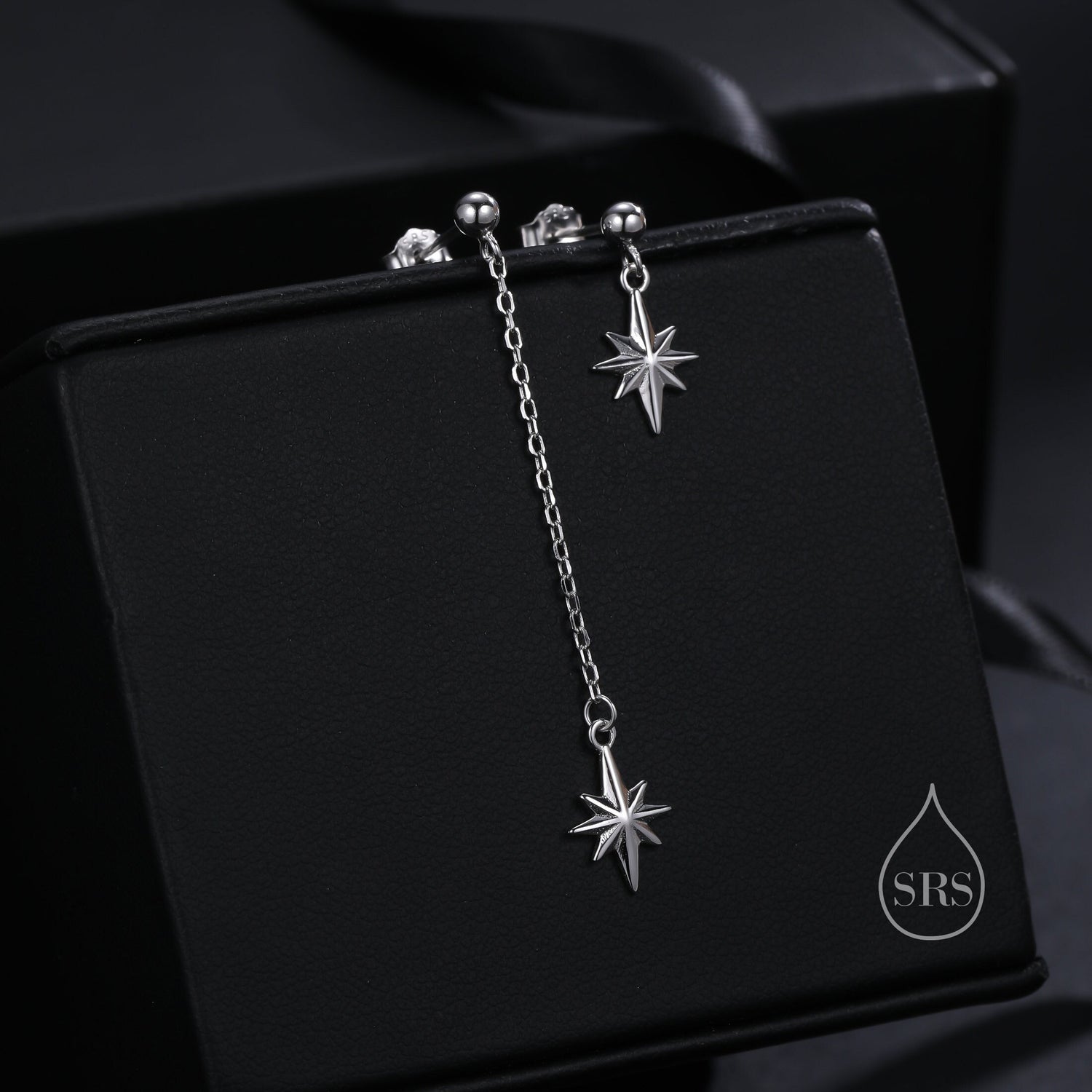 Asymmetric Tiny CZ Starburst Drop Stud Earrings in Sterling Silver, Silver, Gold or Rose Gold, North Star Earrings, Sunburst Earrings