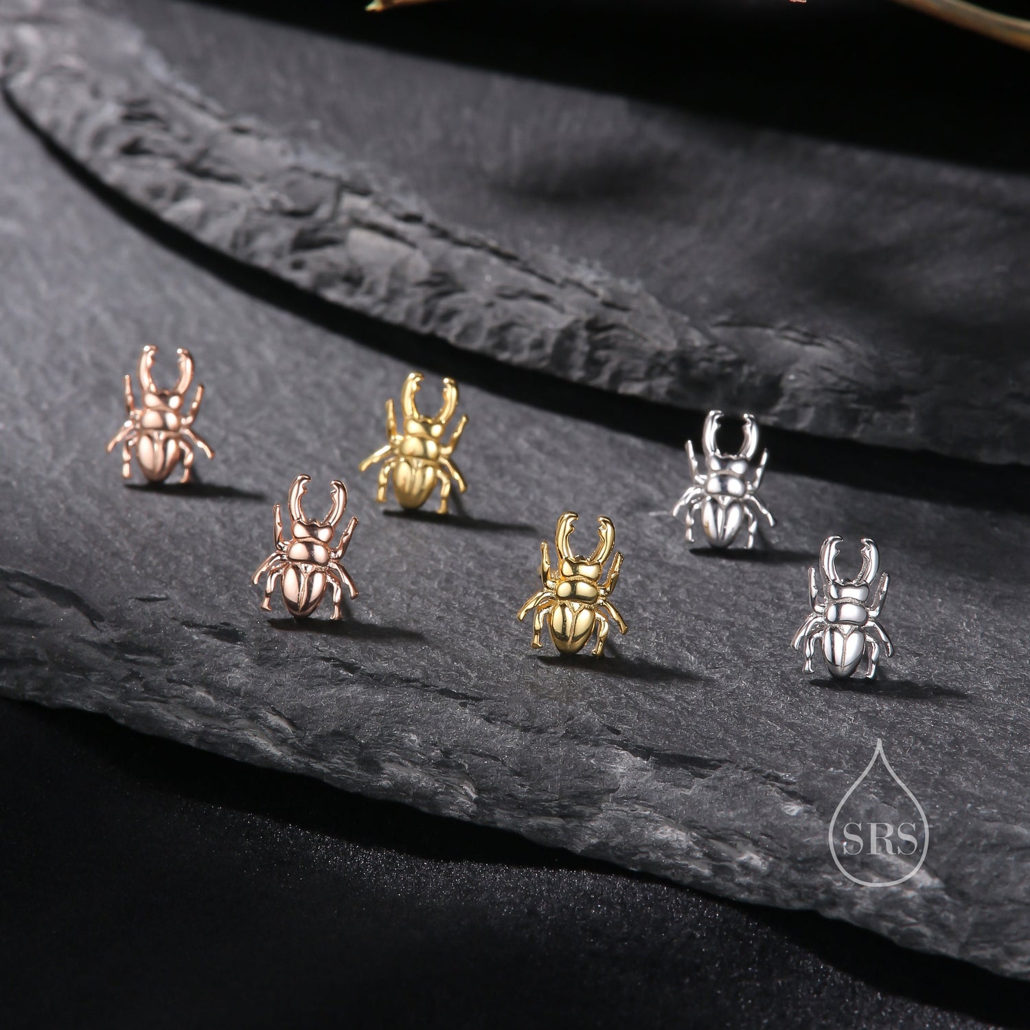 Tiny Stag Beetle Stud Earrings in Sterling Silver, Silver or Gold or Rose Gold, Beetle Earrings, Bugs Earrings, Bugs Stud