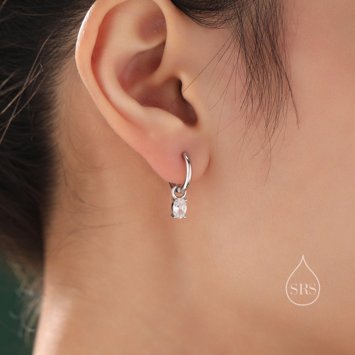 Oval CZ Huggie Hoop in Sterling Silver, Silver or Gold, Minimalist Simple Hoop Earrings, Detachable and Interchangeable