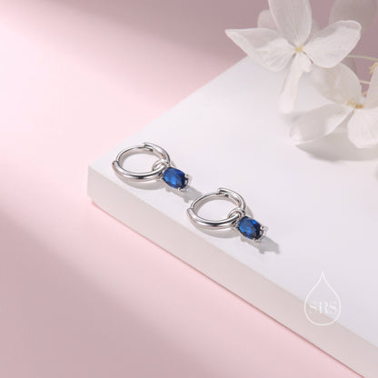 Oval Sapphire Blue CZ Huggie Hoop in Sterling Silver, Silver or Gold, Minimalist Simple Hoop Earrings, Detachable and Interchangeable