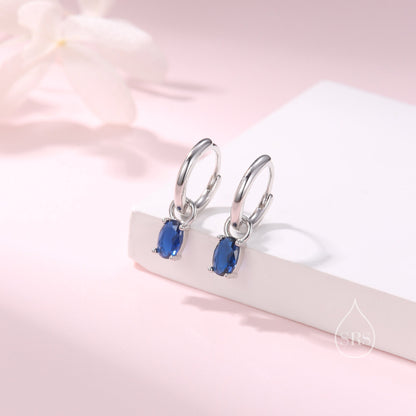 Oval Sapphire Blue CZ Huggie Hoop in Sterling Silver, Silver or Gold, Minimalist Simple Hoop Earrings, Detachable and Interchangeable