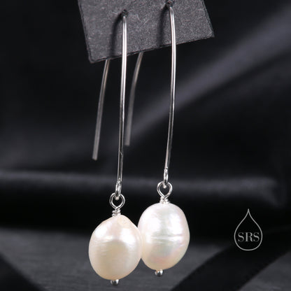 Genuine Baroque Pearl V Shape Long Drop Hook Earrings in Sterling Silver, Delicate Keshi Pearl Halo Earrings, Genuine Irregular Shape Pearls