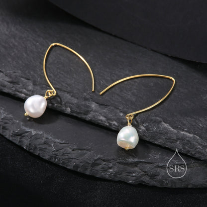 Genuine Baroque Pearl V Shape Long Drop Hook Earrings in Sterling Silver, Delicate Keshi Pearl Halo Earrings, Genuine Irregular Shape Pearls