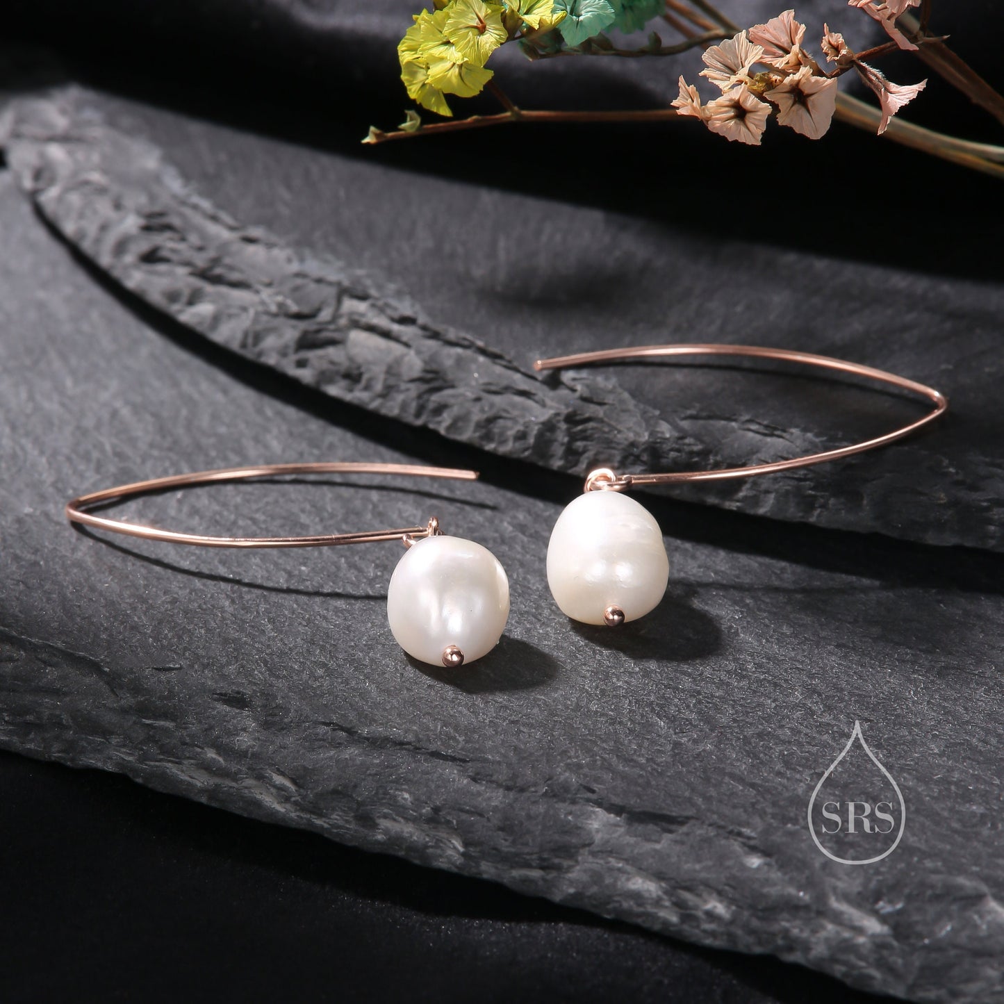 Genuine Baroque Pearl V Shape Long Drop Hook Earrings in Sterling Silver, Delicate Keshi Pearl Halo Earrings, Genuine Irregular Shape Pearls