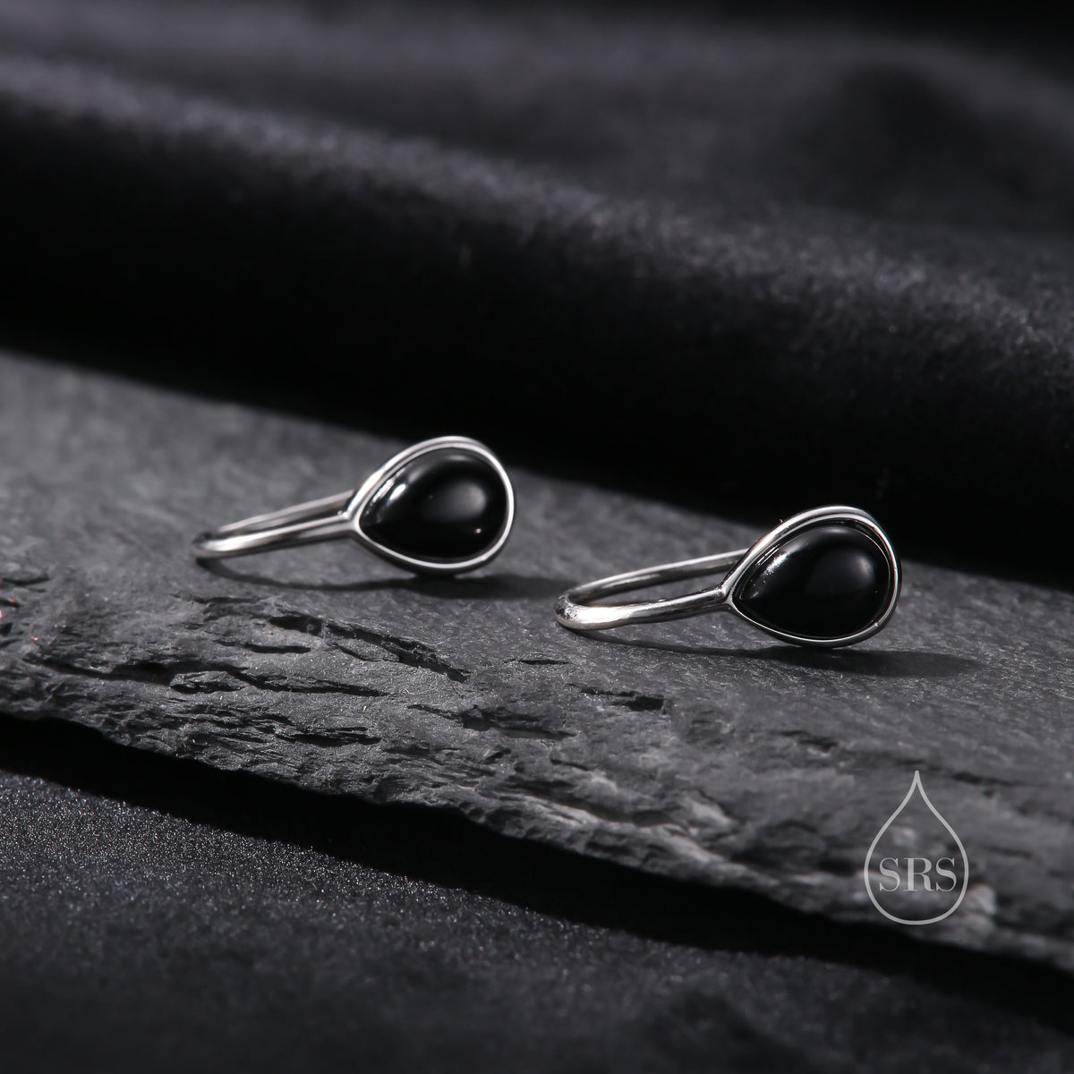 Genuine Black Onyx Pear Cut Drop Hook Earrings in Sterling Silver, Delicate Natural Black Onyx Earrings, Pear Droplet Black Onyx Earrings