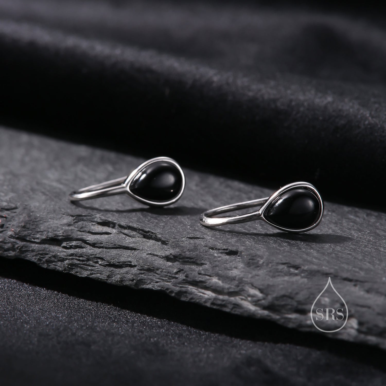 Genuine Black Onyx Pear Cut Drop Hook Earrings in Sterling Silver, Delicate Natural Black Onyx Earrings, Pear Droplet Black Onyx Earrings