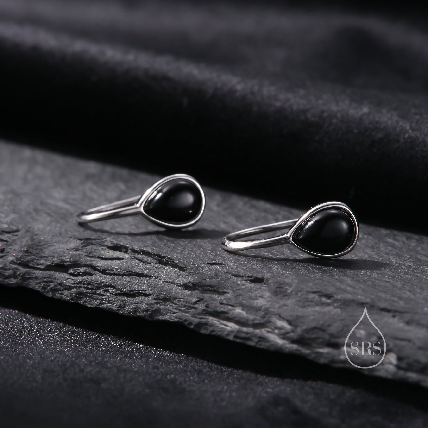 Genuine Black Onyx Pear Cut Drop Hook Earrings in Sterling Silver, Delicate Natural Black Onyx Earrings, Pear Droplet Black Onyx Earrings