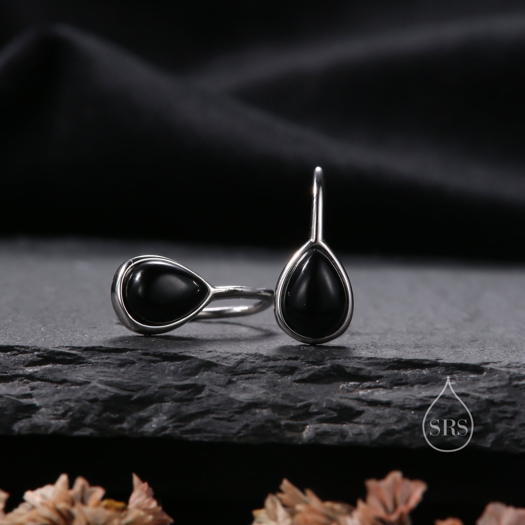 Genuine Black Onyx Pear Cut Drop Hook Earrings in Sterling Silver, Delicate Natural Black Onyx Earrings, Pear Droplet Black Onyx Earrings