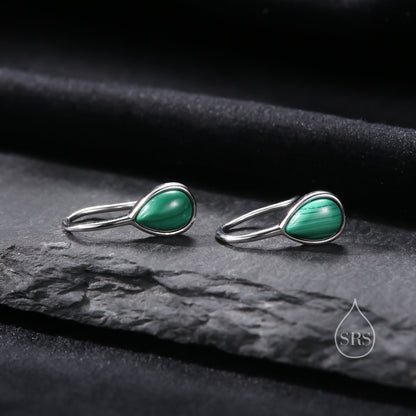 Genuine Malachite Pear Cut Drop Hook Earrings in Sterling Silver, Delicate Natural Green Malachite Earrings, Pear Droplet Malachite Earrings