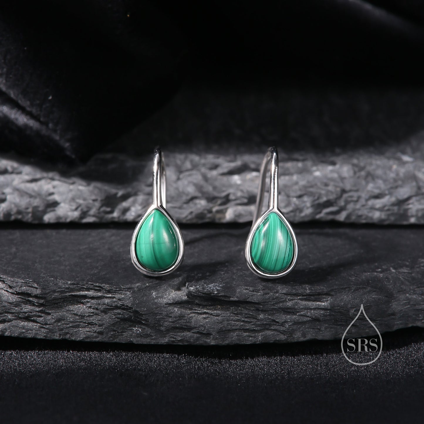 Genuine Malachite Pear Cut Drop Hook Earrings in Sterling Silver, Delicate Natural Green Malachite Earrings, Pear Droplet Malachite Earrings