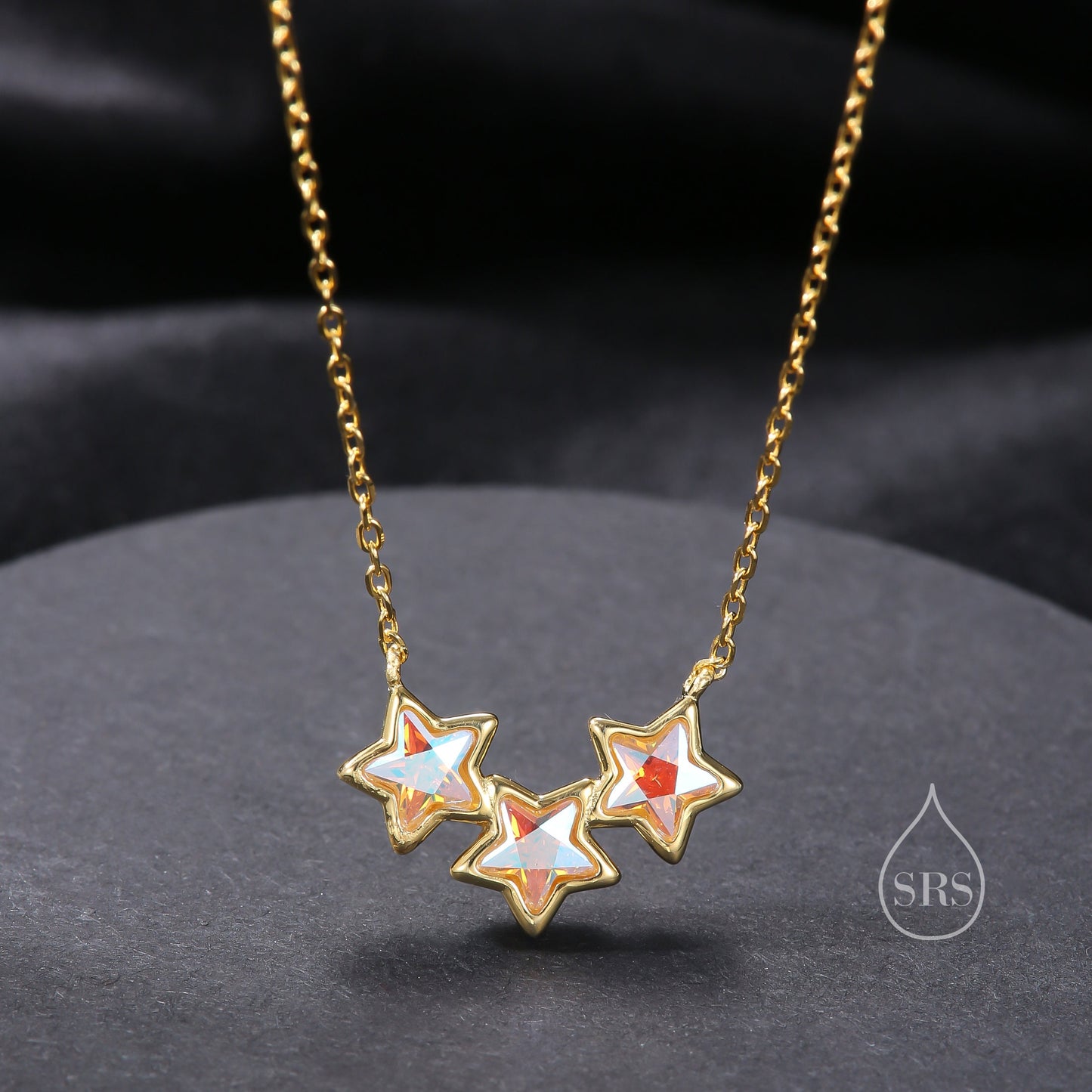 Aurora CZ Triple Star Pendant Necklace in Sterling Silver, Silver or Gold, Three Star AB Crystal Necklace, Minimal Star Pendant
