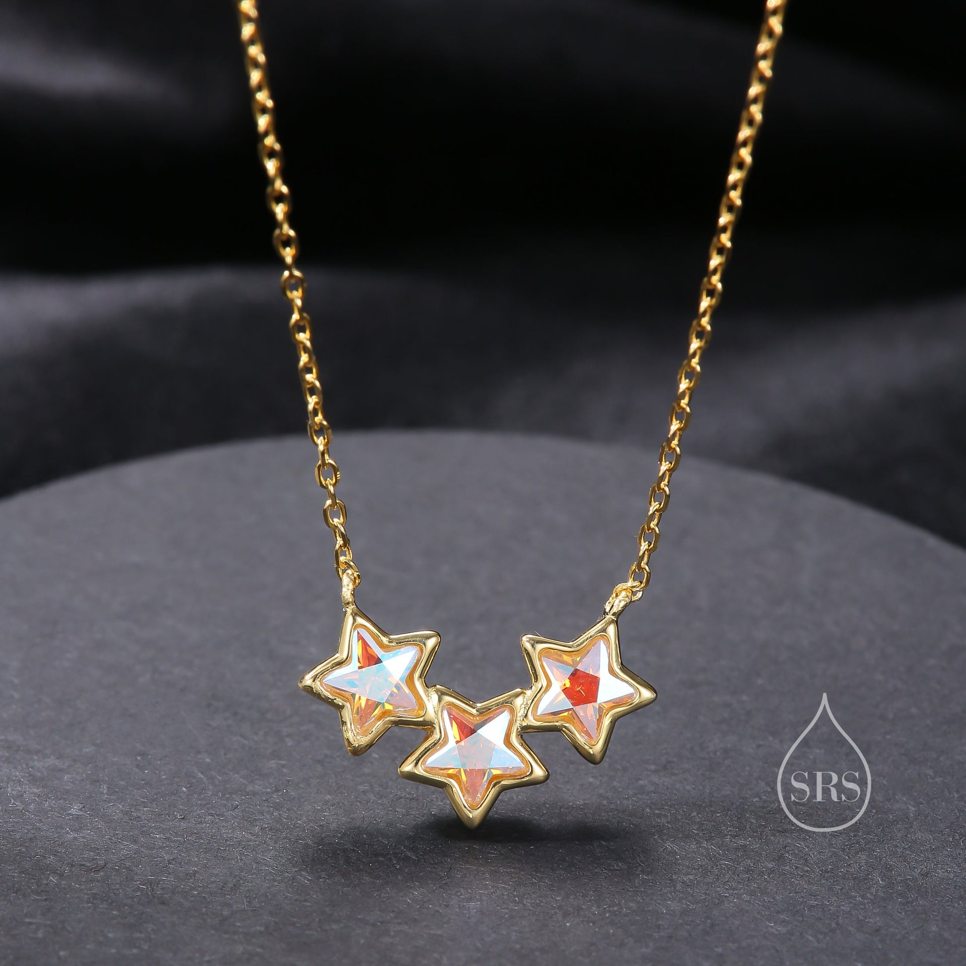 Aurora CZ Triple Star Pendant Necklace in Sterling Silver, Silver or Gold, Three Star AB Crystal Necklace, Minimal Star Pendant