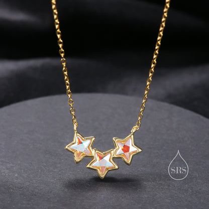 Aurora CZ Triple Star Pendant Necklace in Sterling Silver, Silver or Gold, Three Star AB Crystal Necklace, Minimal Star Pendant