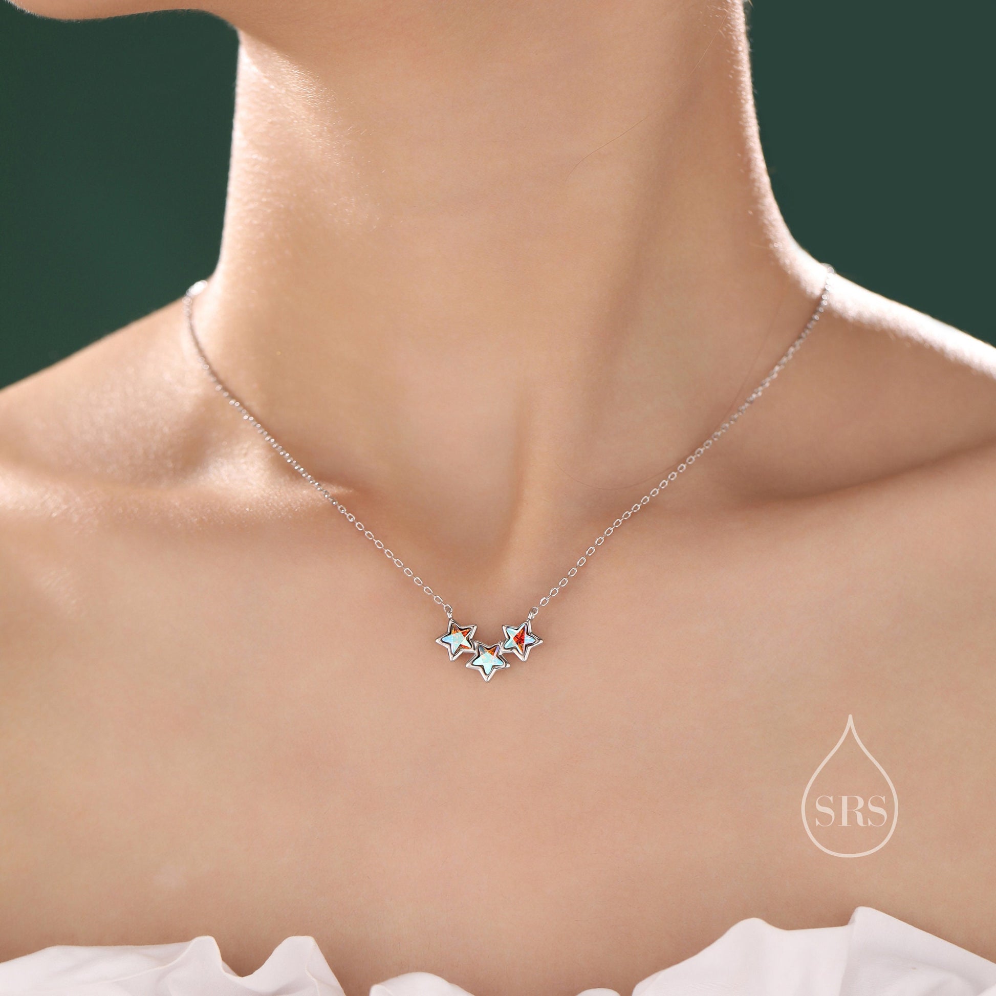 Aurora CZ Triple Star Pendant Necklace in Sterling Silver, Silver or Gold, Three Star AB Crystal Necklace, Minimal Star Pendant