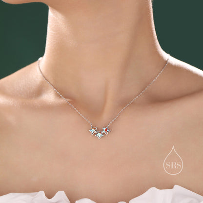 Aurora CZ Triple Star Pendant Necklace in Sterling Silver, Silver or Gold, Three Star AB Crystal Necklace, Minimal Star Pendant