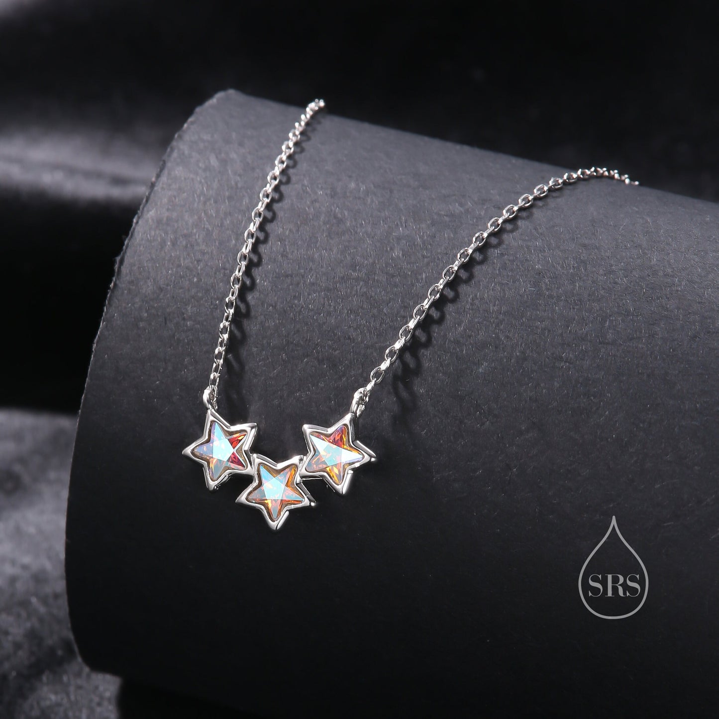 Aurora CZ Triple Star Pendant Necklace in Sterling Silver, Silver or Gold, Three Star AB Crystal Necklace, Minimal Star Pendant