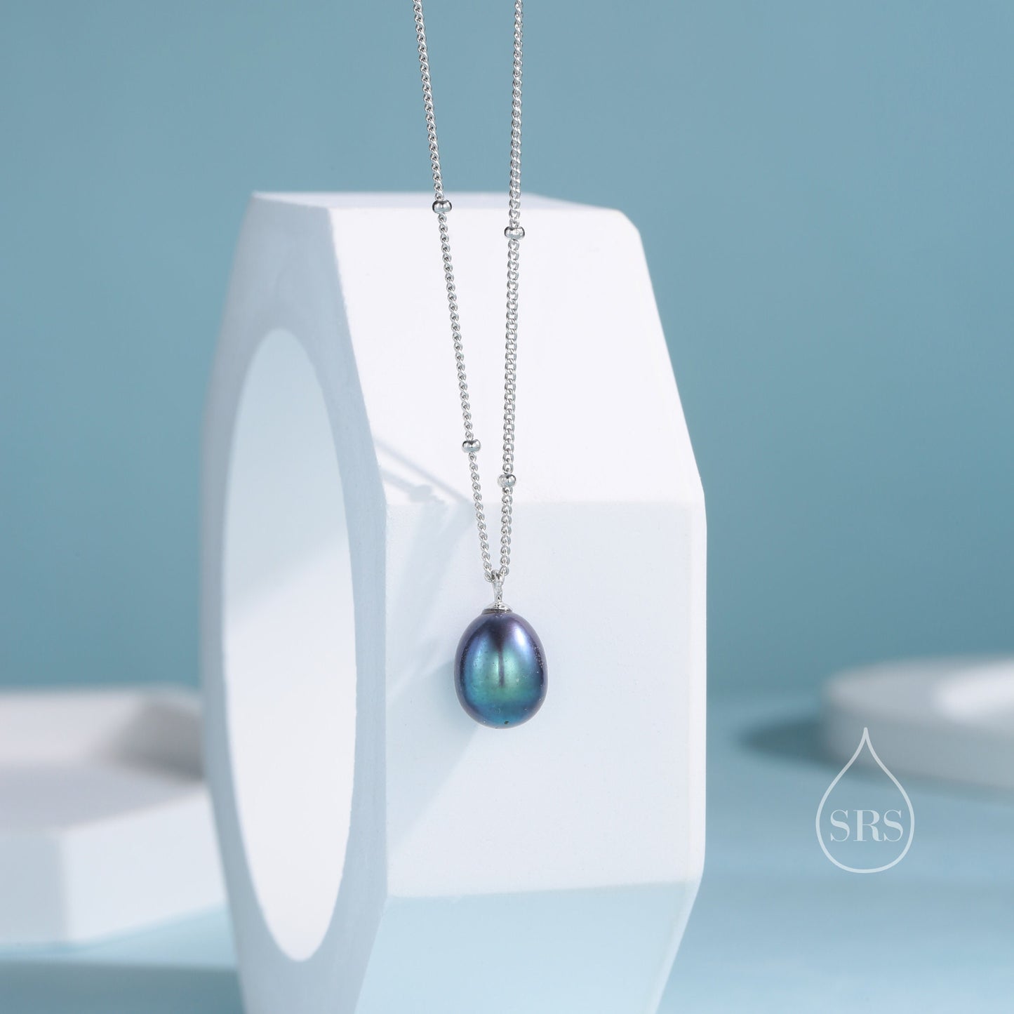 Natural Black Pearl Necklace in Sterling Silver with a Satellite Chain, Genuine Oval Freshwater Pearl Pendant Necklace in Sterling Silver