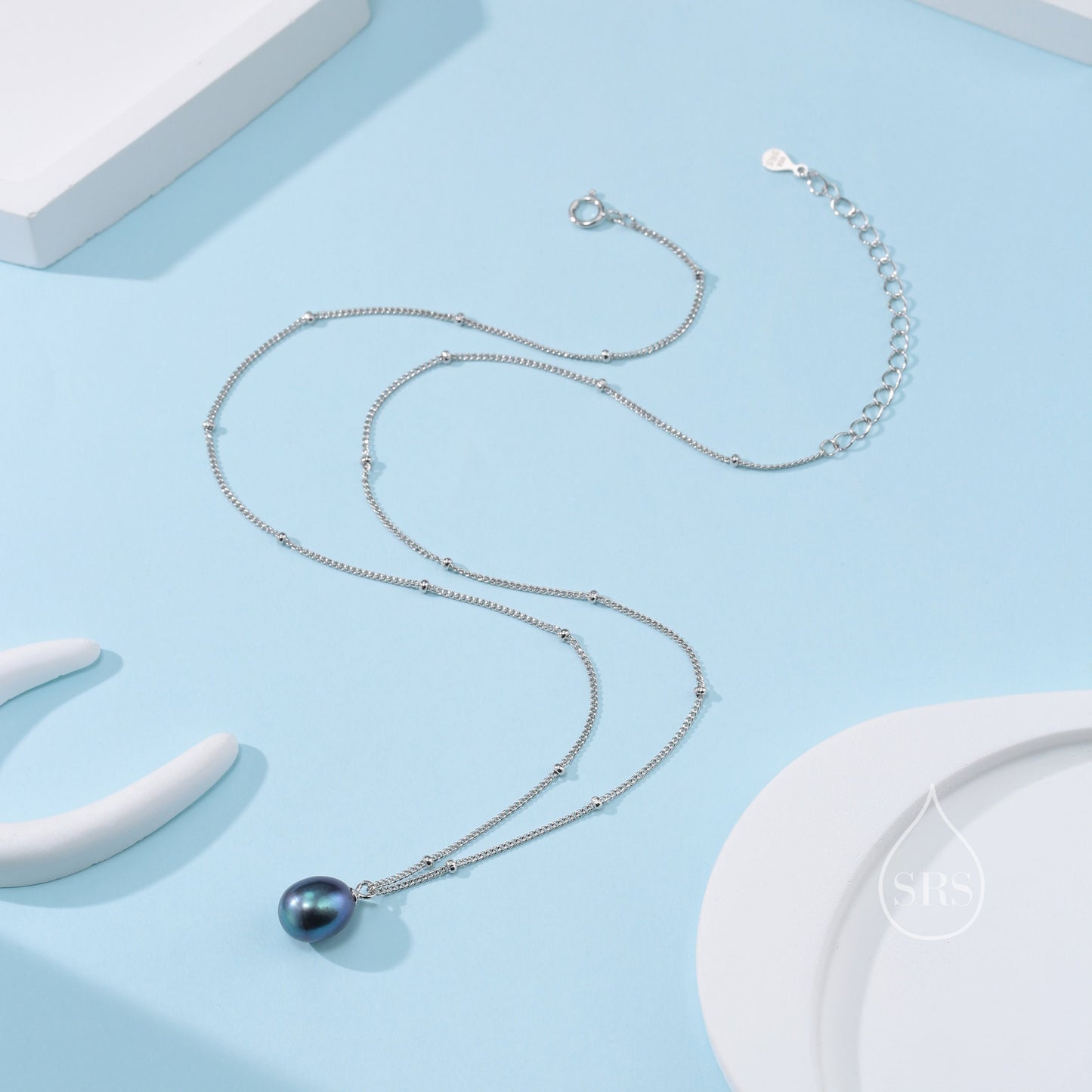 Natural Black Pearl Necklace in Sterling Silver with a Satellite Chain, Genuine Oval Freshwater Pearl Pendant Necklace in Sterling Silver