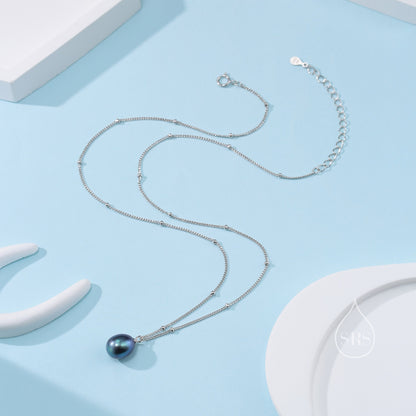 Natural Black Pearl Necklace in Sterling Silver with a Satellite Chain, Genuine Oval Freshwater Pearl Pendant Necklace in Sterling Silver