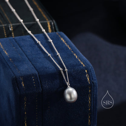 Natural Grey Pearl Necklace in Sterling Silver with a Satellite Chain, Genuine Oval Freshwater Pearl Pendant Necklace in Sterling Silver