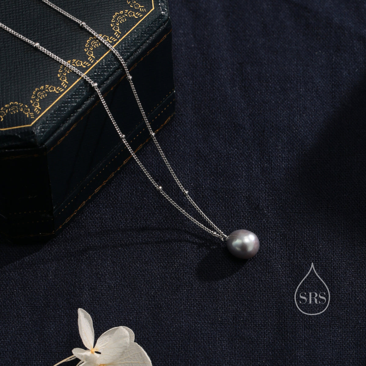 Natural Grey Pearl Necklace in Sterling Silver with a Satellite Chain, Genuine Oval Freshwater Pearl Pendant Necklace in Sterling Silver