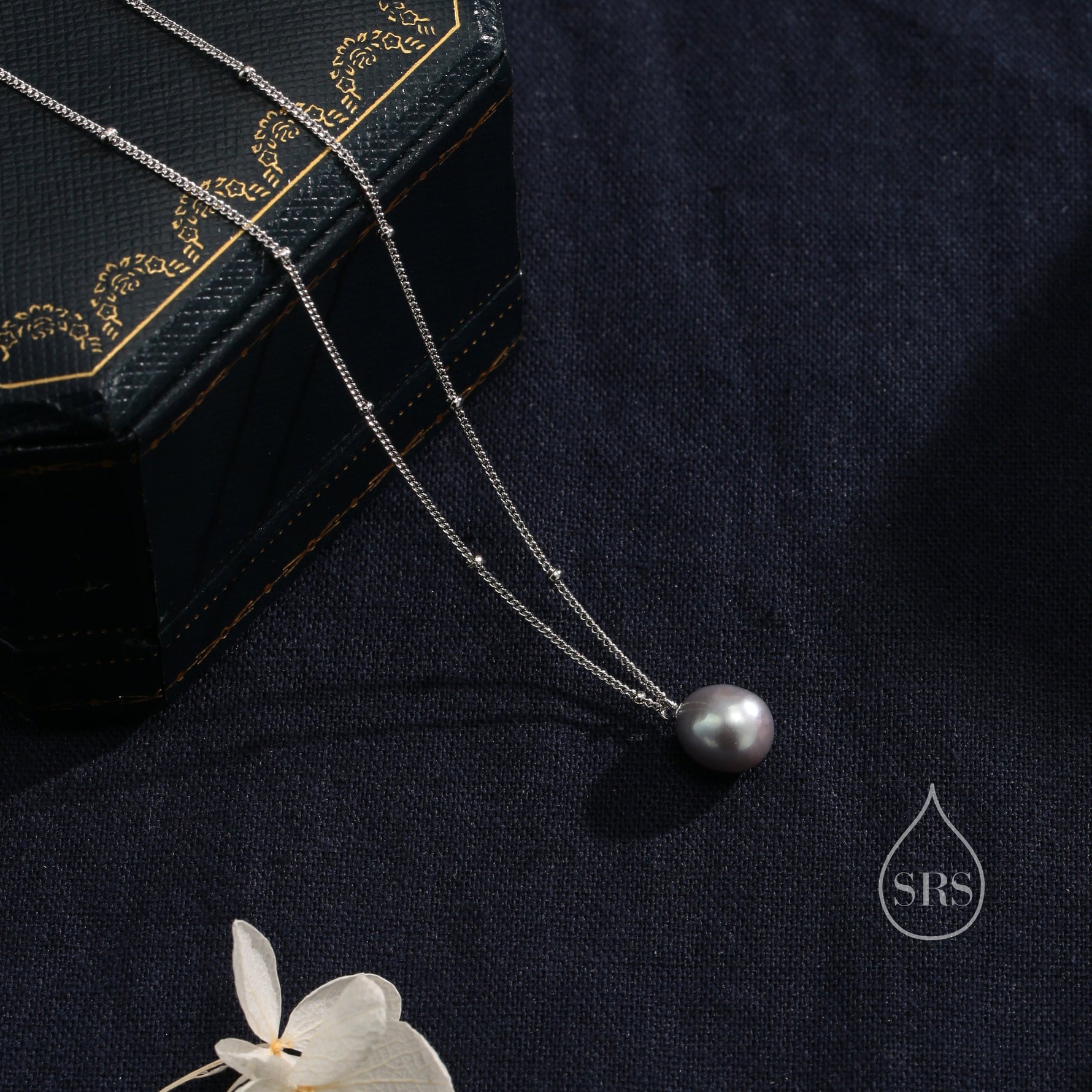 Natural Grey Pearl Necklace in Sterling Silver with a Satellite Chain, Genuine Oval Freshwater Pearl Pendant Necklace in Sterling Silver