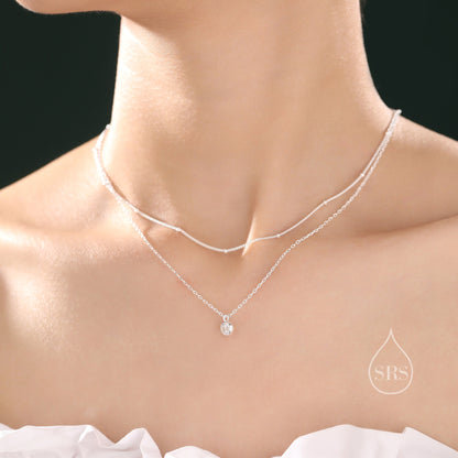 Double Layer CZ Necklace in Sterling Silver with Dainty Chain and Satellite Chain,  Silver or Gold or Rose Gold, Chain Necklace, Single CZ