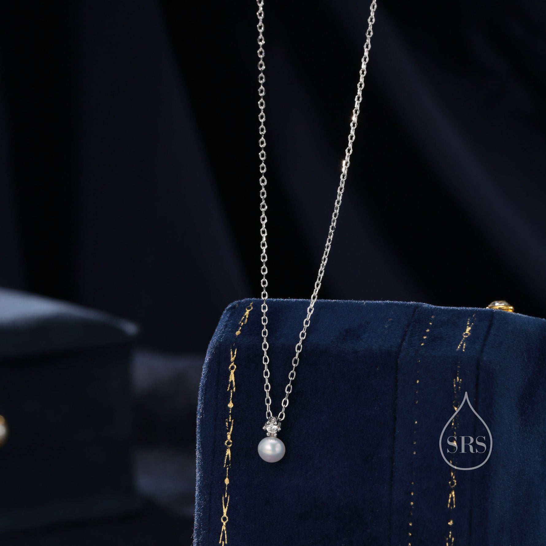 Natural Pearl and CZ Necklace in Sterling Silver with a Satellite Chain, Genuine Freshwater Pearl Pendant Necklace in Sterling Silver